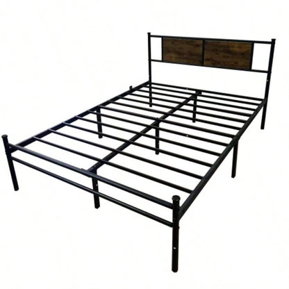 Full Size Metal Bedframe with Wood Panel Headboard - Black+Brown