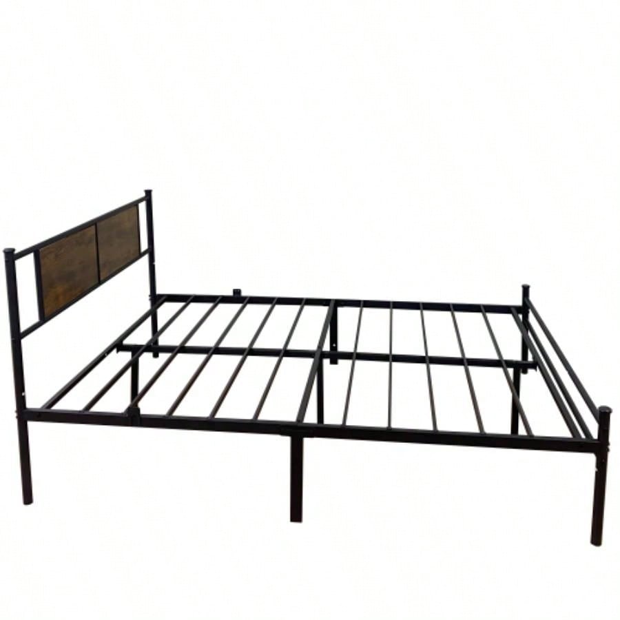 Full Size Metal Bedframe with Wood Panel Headboard - Black+Brown