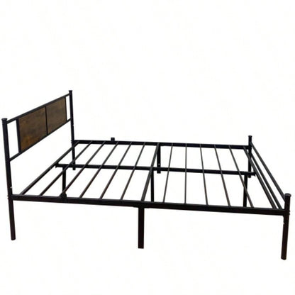 Full Size Metal Bedframe with Wood Panel Headboard - Black+Brown