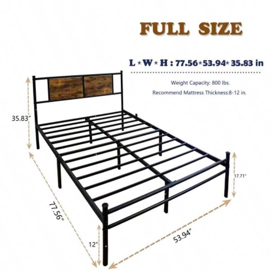 Full Size Metal Bedframe with Wood Panel Headboard - Black+Brown