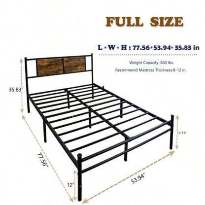 Full Size Metal Bedframe with Wood Panel Headboard - Black+Brown