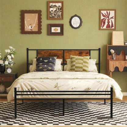 Full Size Metal Bedframe with Wood Panel Headboard - Black+Brown