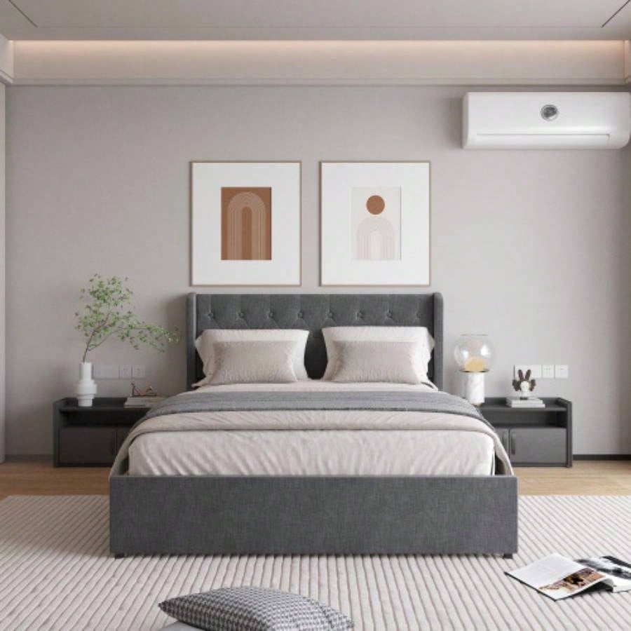 Size Bed Frame with 4 Storage Drawers and Wingback Headboard, Button Tufted Design, Dark