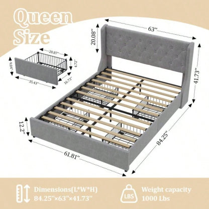 Size Bed Frame with 4 Storage Drawers and Wingback Headboard, Button Tufted Design, Dark