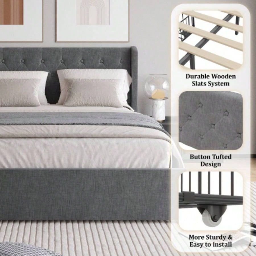 Size Bed Frame with 4 Storage Drawers and Wingback Headboard, Button Tufted Design, Dark