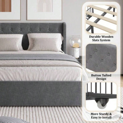 Size Bed Frame with 4 Storage Drawers and Wingback Headboard, Button Tufted Design, Dark