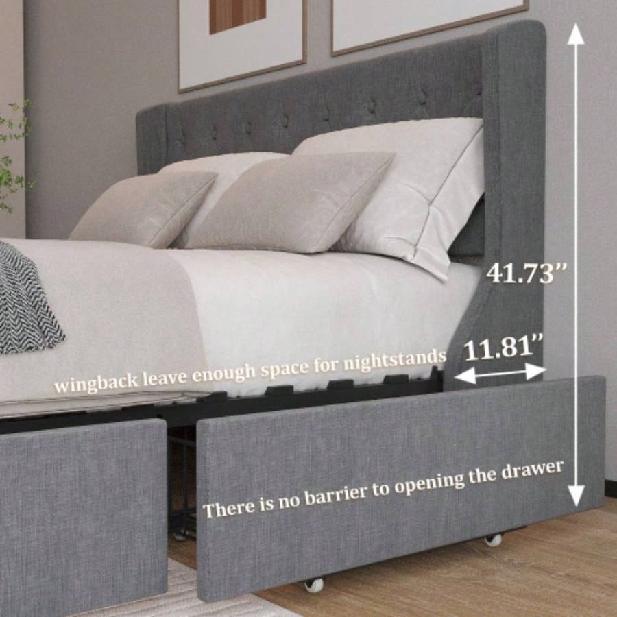 Size Bed Frame with 4 Storage Drawers and Wingback Headboard, Button Tufted Design, Dark
