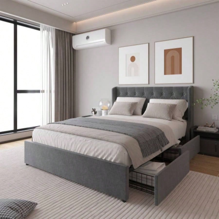 Size Bed Frame with 4 Storage Drawers and Wingback Headboard, Button Tufted Design, Dark