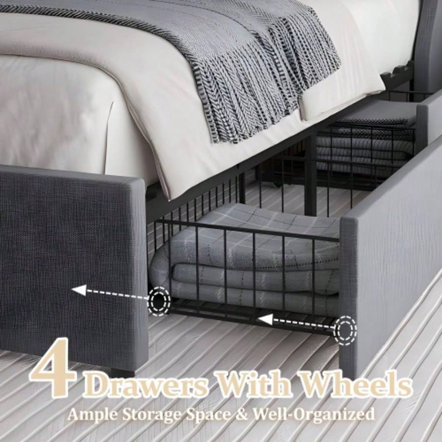 Size Bed Frame with 4 Storage Drawers and Wingback Headboard, Button Tufted Design, Dark