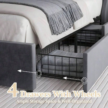 Size Bed Frame with 4 Storage Drawers and Wingback Headboard, Button Tufted Design, Dark