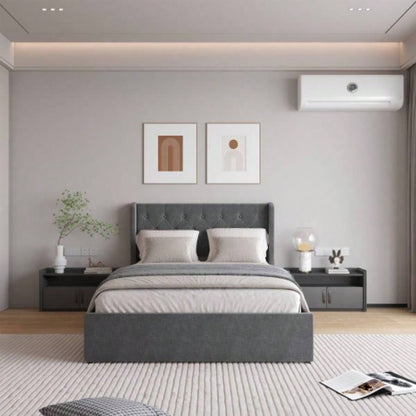 Size Bed Frame with 4 Storage Drawers and Wingback Headboard, Button Tufted Design, Dark