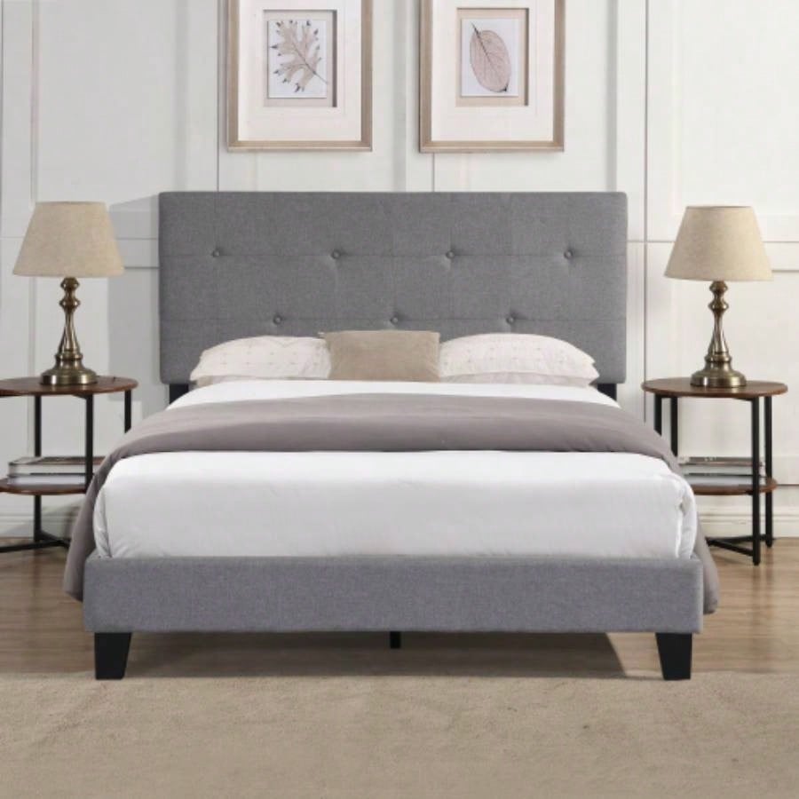 King Size Upholstered Platform Bed Frame with Button Tufted Linen Fabric Headboard, No Box Spring Needed, Wood Slat Support, Easy Assembly, Gray