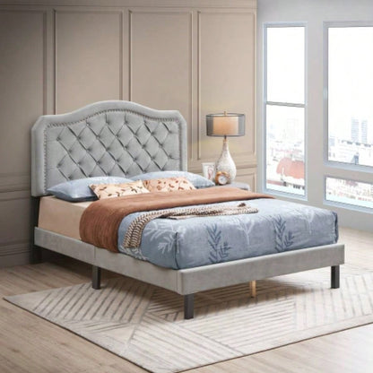 King Size Upholstered Platform Bed Frame with Button Tufted Linen Fabric Headboard, No Box Spring Needed, Wood Slat Support, Easy Assembly, Gray