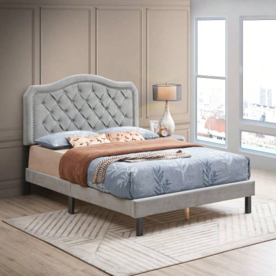 King Size Upholstered Platform Bed Frame with Button Tufted Linen Fabric Headboard, No Box Spring Needed, Wood Slat Support, Easy Assembly, Gray