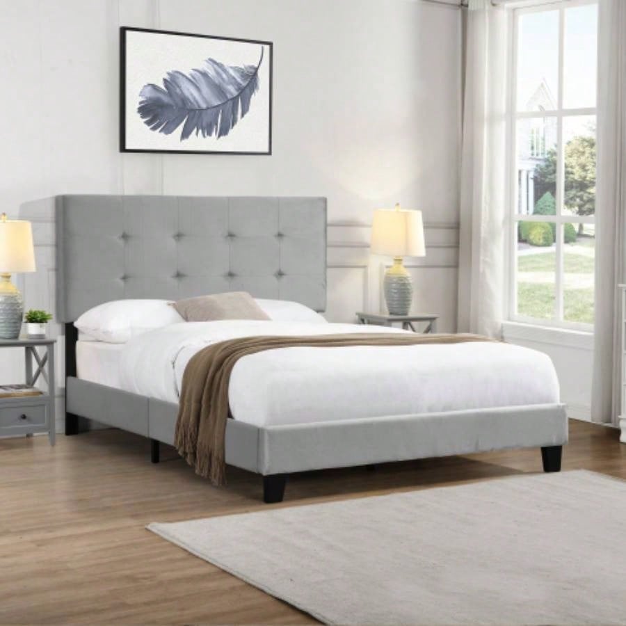 King Size Upholstered Platform Bed Frame with Button Tufted Linen Fabric Headboard, No Box Spring Needed, Wood Slat Support, Easy Assembly, Gray