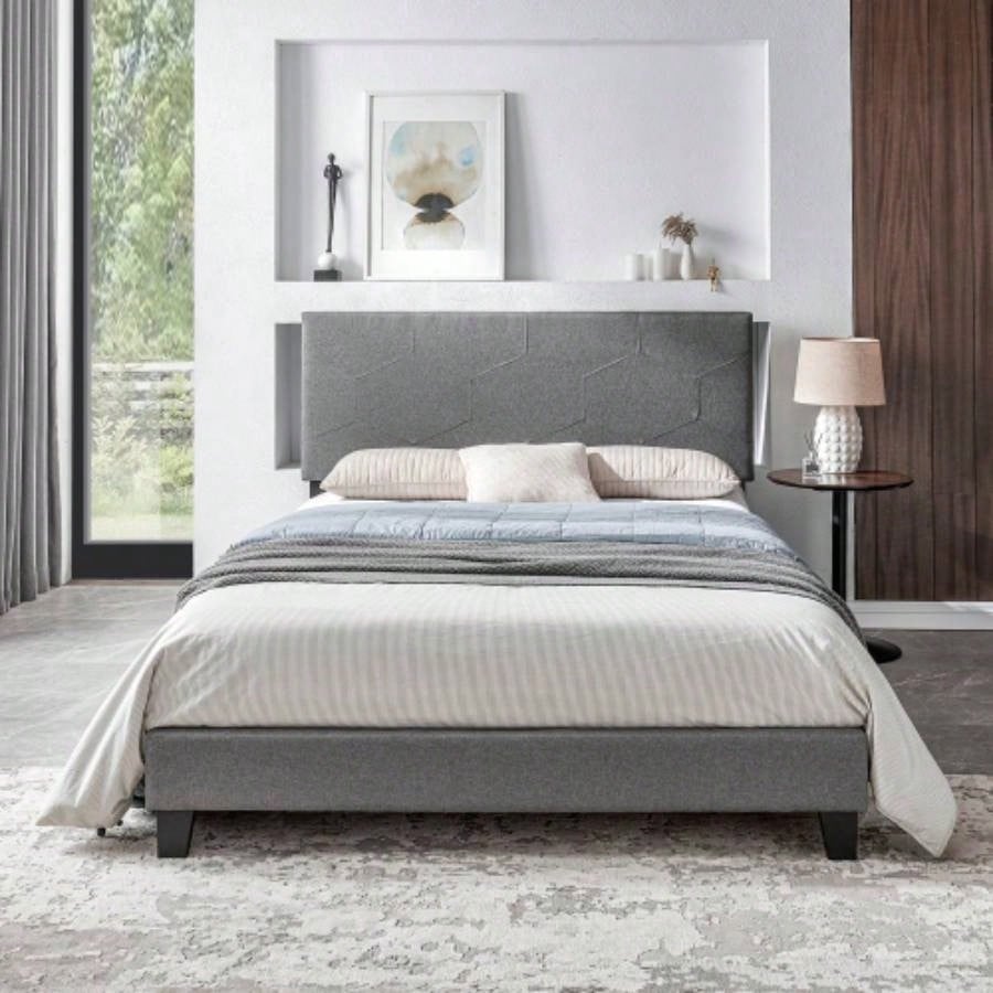 King Size Upholstered Platform Bed Frame with Button Tufted Linen Fabric Headboard, No Box Spring Needed, Wood Slat Support, Easy Assembly, Gray