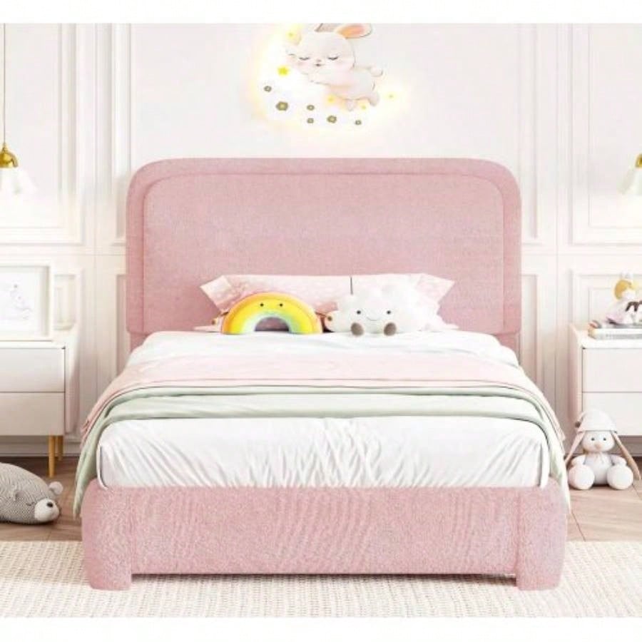 Twin Size Bed Frame, Boucle Upholstered Platform Bed Frame with Headboard, Modern Style, Soft Rounded Corners, No Box Spring Required, Easy Assembly, pink