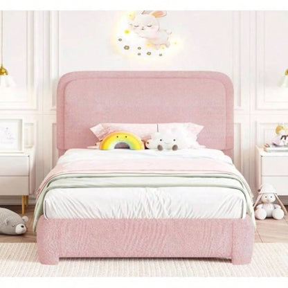 Twin Size Bed Frame, Boucle Upholstered Platform Bed Frame with Headboard, Modern Style, Soft Rounded Corners, No Box Spring Required, Easy Assembly, pink
