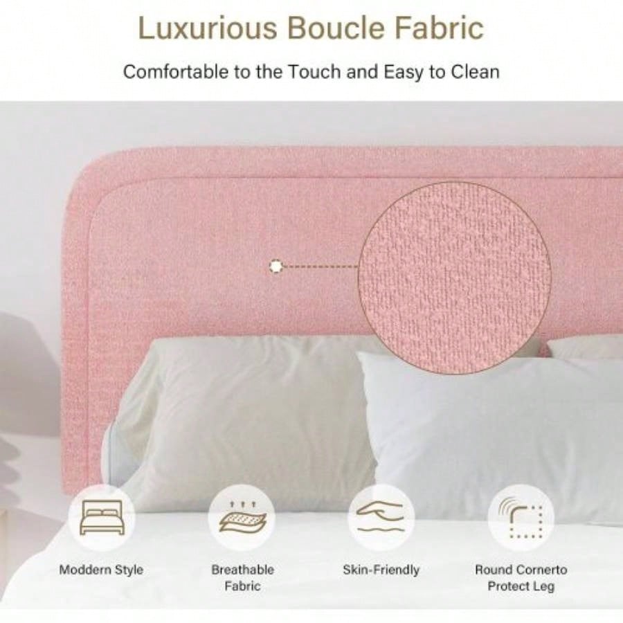 Twin Size Bed Frame, Boucle Upholstered Platform Bed Frame with Headboard, Modern Style, Soft Rounded Corners, No Box Spring Required, Easy Assembly, pink