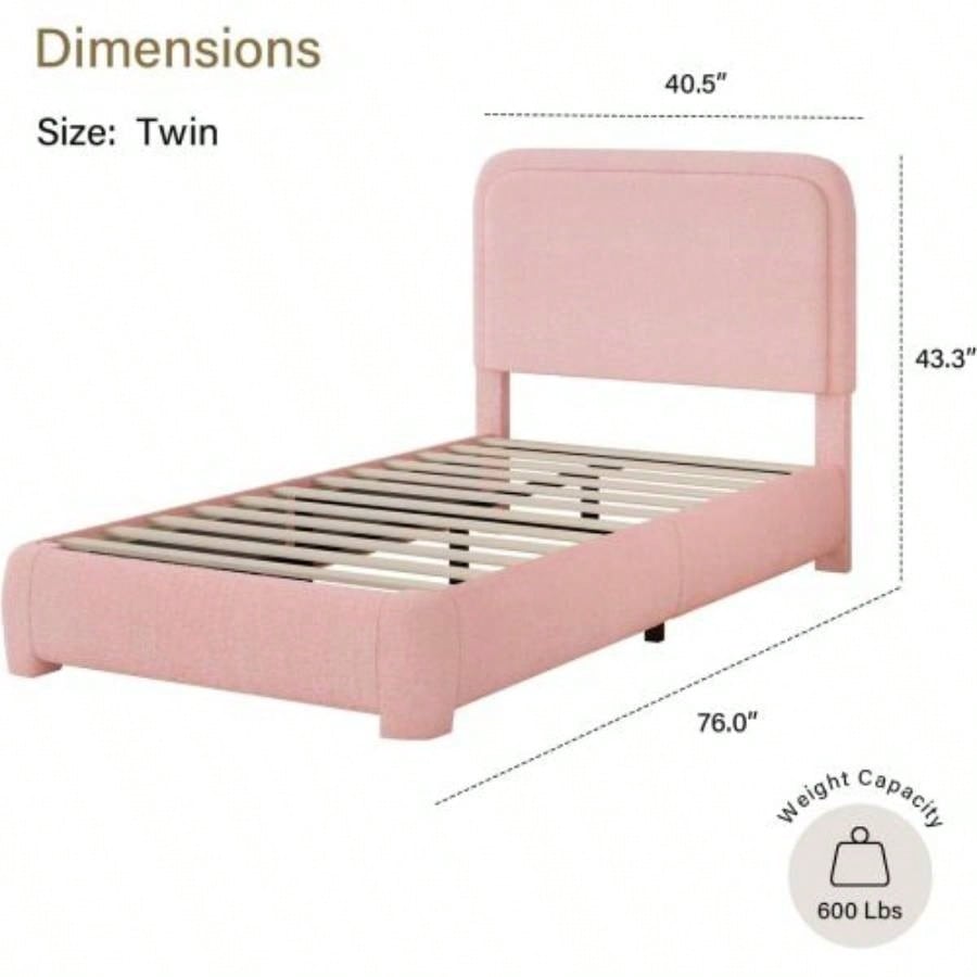 Twin Size Bed Frame, Boucle Upholstered Platform Bed Frame with Headboard, Modern Style, Soft Rounded Corners, No Box Spring Required, Easy Assembly, pink