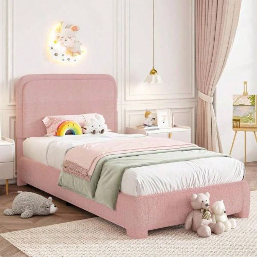 Twin Size Bed Frame, Boucle Upholstered Platform Bed Frame with Headboard, Modern Style, Soft Rounded Corners, No Box Spring Required, Easy Assembly, pink