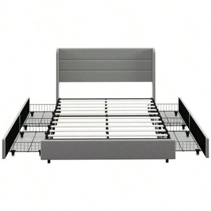 HOMCOM Bed Frame with Headboard, Upholstered Platform Bed Frame with Storage Drawers, Wood Slats, Noise - and Easy Assembly, No Box Spring Needed, Light Gray