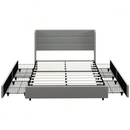 HOMCOM Bed Frame with Headboard, Upholstered Platform Bed Frame with Storage Drawers, Wood Slats, Noise - and Easy Assembly, No Box Spring Needed, Light Gray