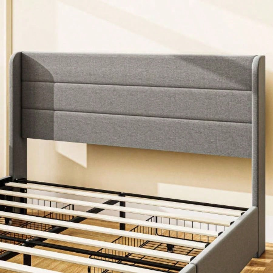 HOMCOM Bed Frame with Headboard, Upholstered Platform Bed Frame with Storage Drawers, Wood Slats, Noise - and Easy Assembly, No Box Spring Needed, Light Gray