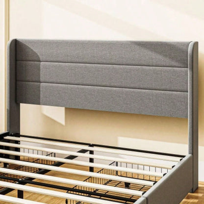HOMCOM Bed Frame with Headboard, Upholstered Platform Bed Frame with Storage Drawers, Wood Slats, Noise - and Easy Assembly, No Box Spring Needed, Light Gray
