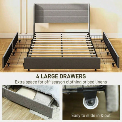 HOMCOM Bed Frame with Headboard, Upholstered Platform Bed Frame with Storage Drawers, Wood Slats, Noise - and Easy Assembly, No Box Spring Needed, Light Gray