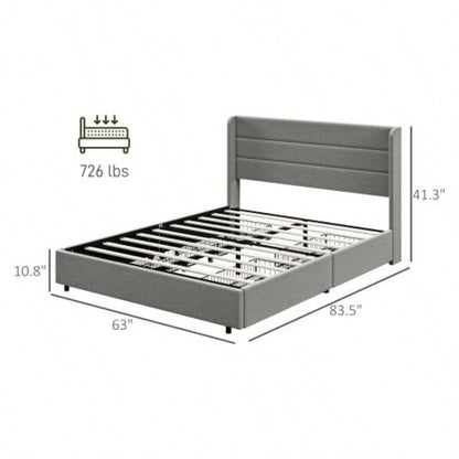 HOMCOM Bed Frame with Headboard, Upholstered Platform Bed Frame with Storage Drawers, Wood Slats, Noise - and Easy Assembly, No Box Spring Needed, Light Gray