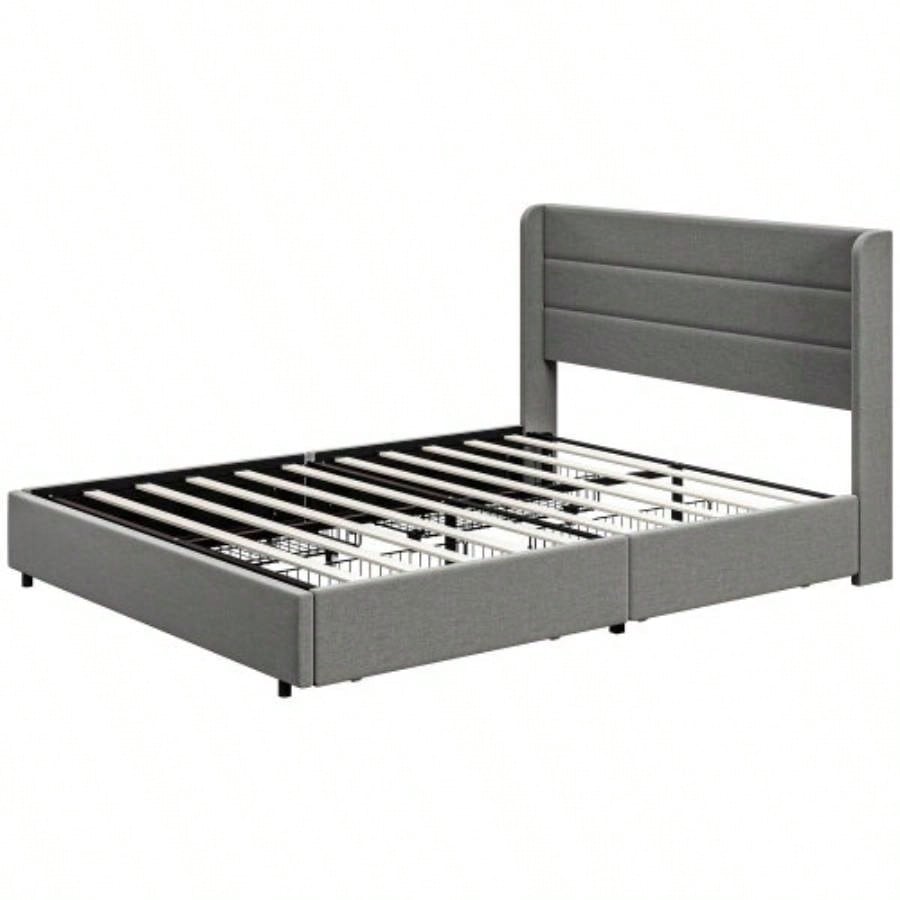 HOMCOM Bed Frame with Headboard, Upholstered Platform Bed Frame with Storage Drawers, Wood Slats, Noise - and Easy Assembly, No Box Spring Needed, Light Gray