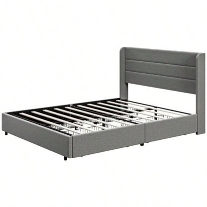 HOMCOM Bed Frame with Headboard, Upholstered Platform Bed Frame with Storage Drawers, Wood Slats, Noise - and Easy Assembly, No Box Spring Needed, Light Gray