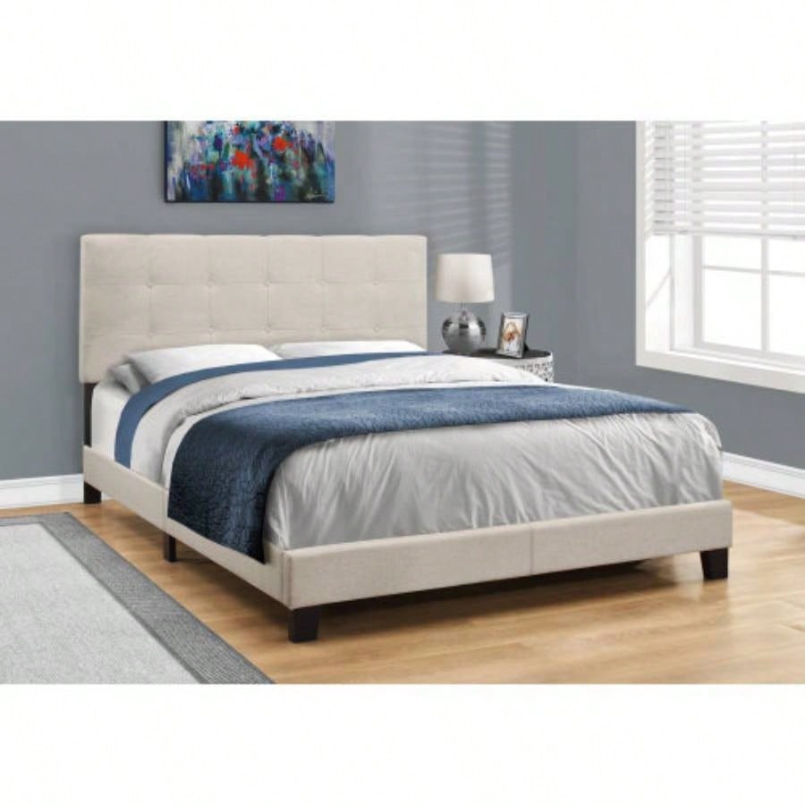 Bed, Size, Bedroom, Upholstered, Beige Linen Look, Black Wood, Transitional