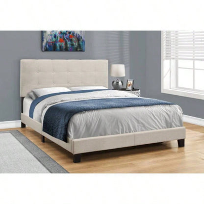Bed, Size, Bedroom, Upholstered, Beige Linen Look, Black Wood, Transitional