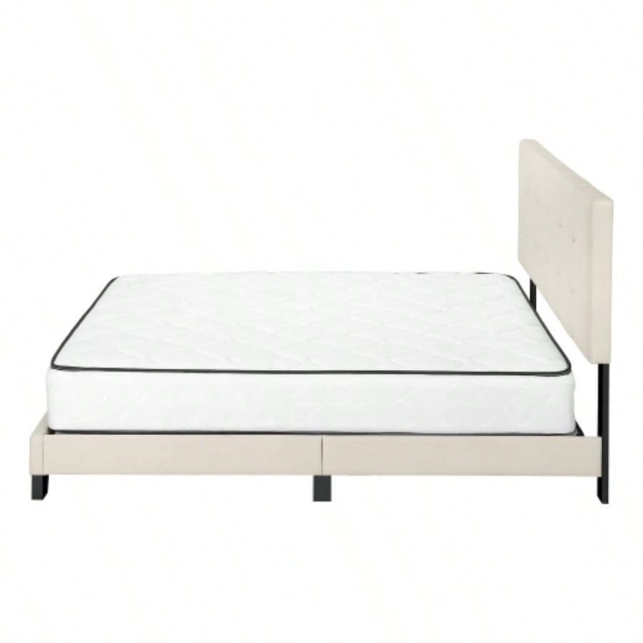 Bed, Size, Bedroom, Upholstered, Beige Linen Look, Black Wood, Transitional