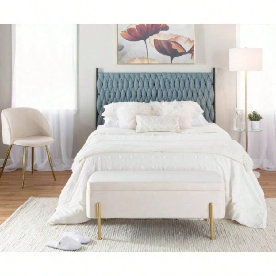 Braided Matisse Size Headboard in Black Metal and Blue Fabric by LumiSource