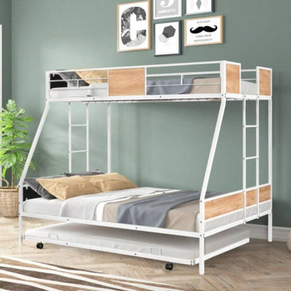 Metal Twin over Full Bunk Bed with Trundle/ Heavy - duty Sturdy Metal/ Noise Reduced/ Safety Guardrail/ Wooden Decoration/ Convenient Trundle/ Bunk Bed Three/ CPC Certified/ No Box Spring Needed