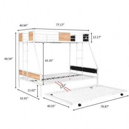 Metal Twin over Full Bunk Bed with Trundle/ Heavy - duty Sturdy Metal/ Noise Reduced/ Safety Guardrail/ Wooden Decoration/ Convenient Trundle/ Bunk Bed Three/ CPC Certified/ No Box Spring Needed