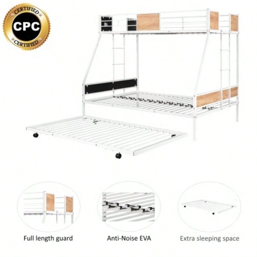 Metal Twin over Full Bunk Bed with Trundle/ Heavy - duty Sturdy Metal/ Noise Reduced/ Safety Guardrail/ Wooden Decoration/ Convenient Trundle/ Bunk Bed Three/ CPC Certified/ No Box Spring Needed