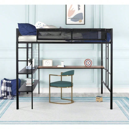 Metal Full Size Loft Bed with Desk Shelves/ Sturdy Metal Bed Frame/ Noise - Wood Slats/ Comfortable Guardrail/ Built - in Desk, 2 - tier Shelves Grid Panel/ 2 Side Ladders