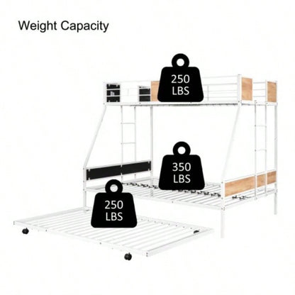 Metal Twin over Full Bunk Bed with Trundle/ Heavy - duty Sturdy Metal/ Noise Reduced/ Safety Guardrail/ Wooden Decoration/ Convenient Trundle/ Bunk Bed Three/ CPC Certified/ No Box Spring Needed