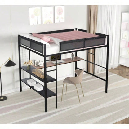 Metal Full Size Loft Bed with Desk Shelves/ Sturdy Metal Bed Frame/ Noise - Wood Slats/ Comfortable Guardrail/ Built - in Desk, 2 - tier Shelves Grid Panel/ 2 Side Ladders