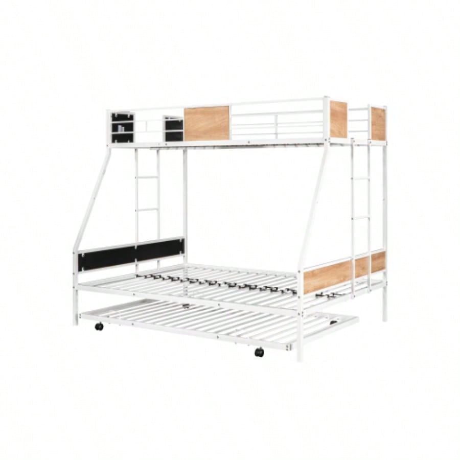 Metal Twin over Full Bunk Bed with Trundle/ Heavy - duty Sturdy Metal/ Noise Reduced/ Safety Guardrail/ Wooden Decoration/ Convenient Trundle/ Bunk Bed Three/ CPC Certified/ No Box Spring Needed