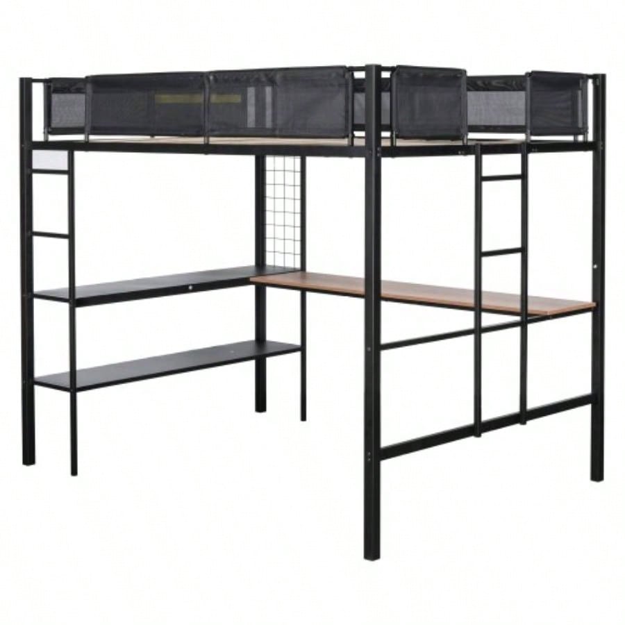 Metal Full Size Loft Bed with Desk Shelves/ Sturdy Metal Bed Frame/ Noise - Wood Slats/ Comfortable Guardrail/ Built - in Desk, 2 - tier Shelves Grid Panel/ 2 Side Ladders