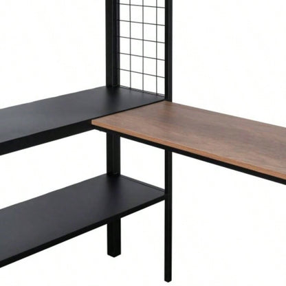 Metal Full Size Loft Bed with Desk Shelves/ Sturdy Metal Bed Frame/ Noise - Wood Slats/ Comfortable Guardrail/ Built - in Desk, 2 - tier Shelves Grid Panel/ 2 Side Ladders