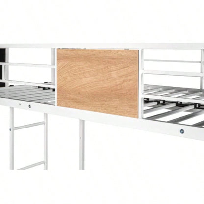 Metal Twin over Full Bunk Bed with Trundle/ Heavy - duty Sturdy Metal/ Noise Reduced/ Safety Guardrail/ Wooden Decoration/ Convenient Trundle/ Bunk Bed Three/ CPC Certified/ No Box Spring Needed