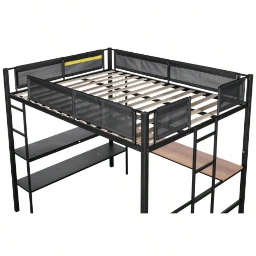 Metal Full Size Loft Bed with Desk Shelves/ Sturdy Metal Bed Frame/ Noise - Wood Slats/ Comfortable Guardrail/ Built - in Desk, 2 - tier Shelves Grid Panel/ 2 Side Ladders