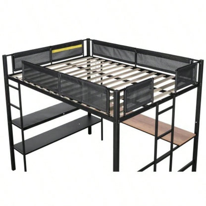 Metal Full Size Loft Bed with Desk Shelves/ Sturdy Metal Bed Frame/ Noise - Wood Slats/ Comfortable Guardrail/ Built - in Desk, 2 - tier Shelves Grid Panel/ 2 Side Ladders
