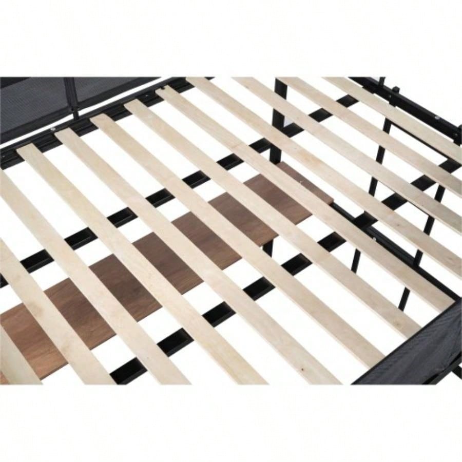 Metal Full Size Loft Bed with Desk Shelves/ Sturdy Metal Bed Frame/ Noise - Wood Slats/ Comfortable Guardrail/ Built - in Desk, 2 - tier Shelves Grid Panel/ 2 Side Ladders